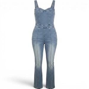 Riley & James‎ Jumpsuit L Blue Denim Sleeveless Zip Back Seamed Utility Western